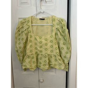 Zara Women's Openwork Floral Eyelet Puffed Long Sleeve Blouse Yellow Green Small